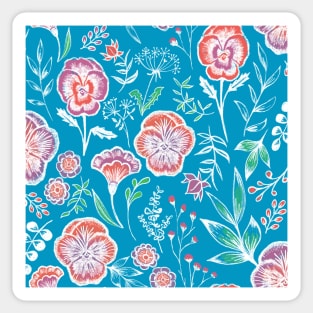 Pansy floral garden on blue Sticker